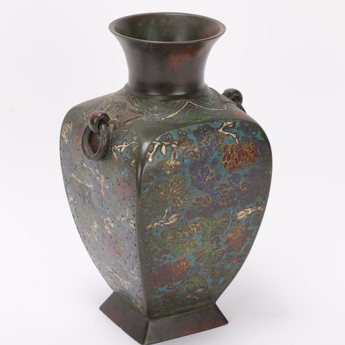 337 - Chinese Archaic style square-section bronze and champleve enamel vase with ring handles, height 24cm... 