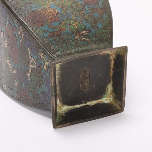 337 - Chinese Archaic style square-section bronze and champleve enamel vase with ring handles, height 24cm... 