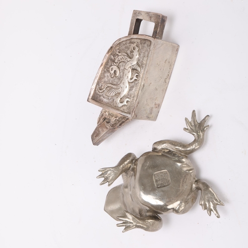 347 - Small Chinese metal teapot with relief dragon panels (no lid), and a Chinese metal frog pin cushion ... 