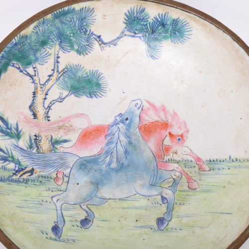 354 - A Chinese circular enamel on copper dish, with painted running horses, diameter 13cm