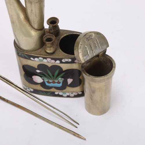 356 - A Chinese nickel opium pipe, with cloisonne enamel decoration