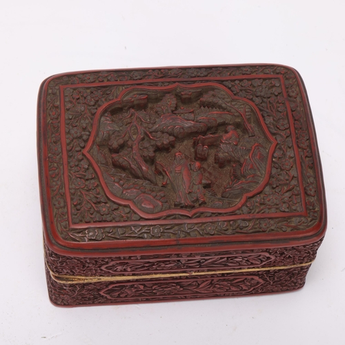 357 - A Chinese 19th century cinnabar lacquer rectangular box, with relief carved decoration, 12cm x 8.5cm... 