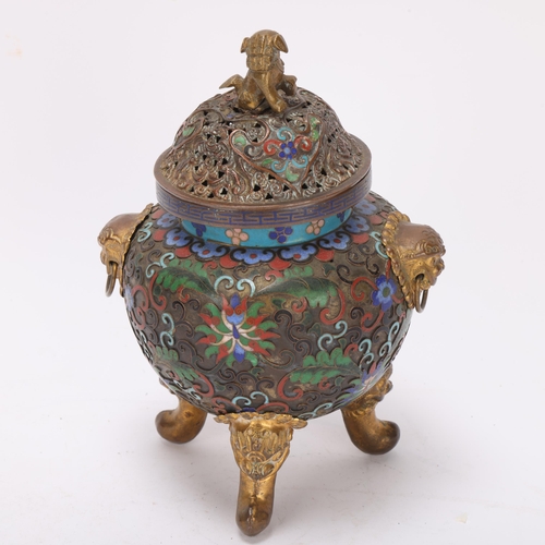 358 - A Chinese brass and cloisonne enamel incense burner and cover, with dog of fo handles on 3 feet, hei... 