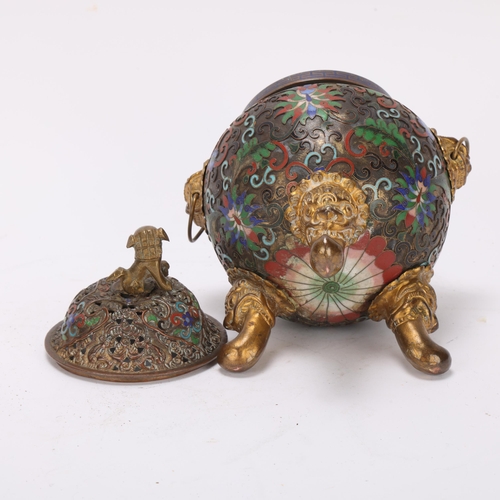 358 - A Chinese brass and cloisonne enamel incense burner and cover, with dog of fo handles on 3 feet, hei... 