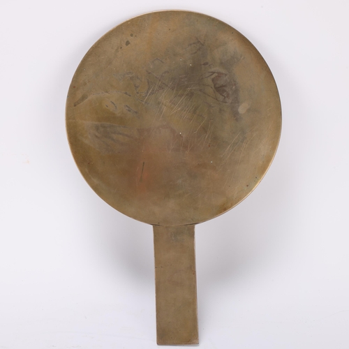 361 - A Chinese relief cast bronze hand mirror, length 28cm, diameter 18cm