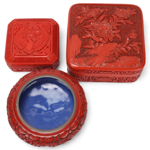 363 - 2 Chinese cinnabar lacquer boxes, largest 13cm across, and a cinnabar lacquer bowl, diameter 12.5cm ... 