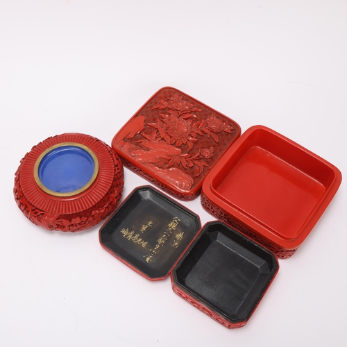 363 - 2 Chinese cinnabar lacquer boxes, largest 13cm across, and a cinnabar lacquer bowl, diameter 12.5cm ... 