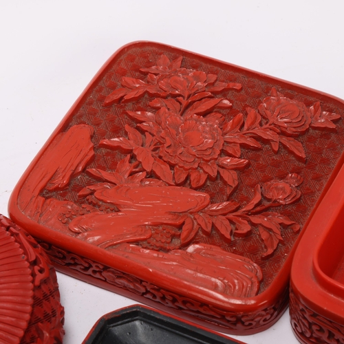 363 - 2 Chinese cinnabar lacquer boxes, largest 13cm across, and a cinnabar lacquer bowl, diameter 12.5cm ... 