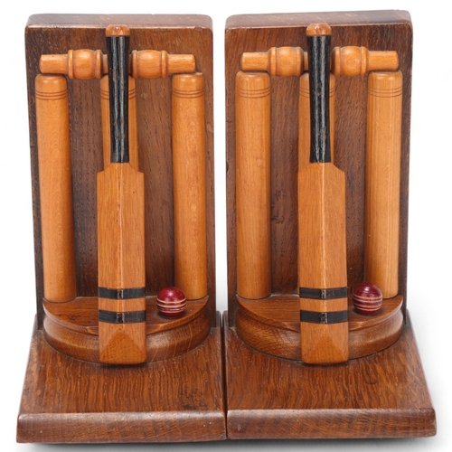 381 - CRICKET INTEREST - pair of handmade oak bookends, early 20th century with maker's labels under 