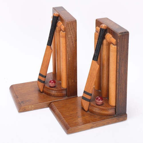 381 - CRICKET INTEREST - pair of handmade oak bookends, early 20th century with maker's labels under 