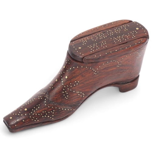 382 - A Victorian rosewood snuff shoe with brass pinwork decoration, inscribed Forget Me Not, length 10cm