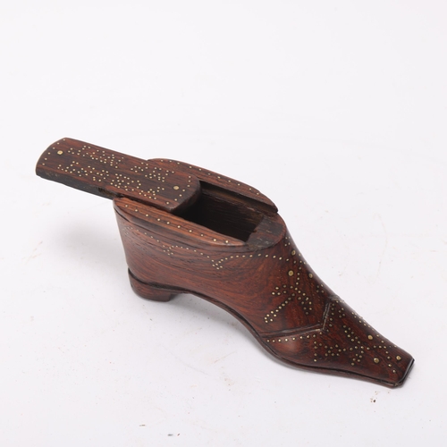 382 - A Victorian rosewood snuff shoe with brass pinwork decoration, inscribed Forget Me Not, length 10cm