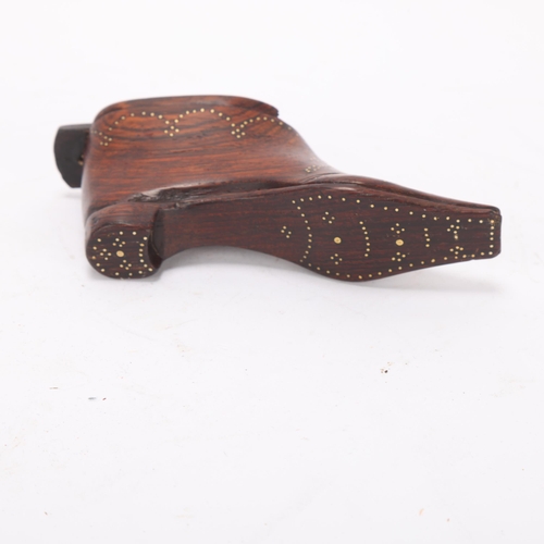 382 - A Victorian rosewood snuff shoe with brass pinwork decoration, inscribed Forget Me Not, length 10cm