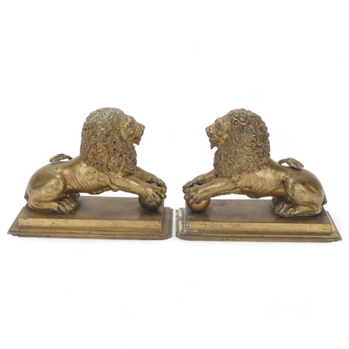 383 - Pair of early 19th century bronze heraldic lions, on stepped bronze bases, length 21cm, height 17cm