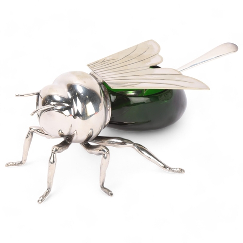 388 - An Art Deco Mappin & Webb silver plated and green glass honey pot in the form of a Bee, with Mappin ... 