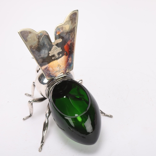 388 - An Art Deco Mappin & Webb silver plated and green glass honey pot in the form of a Bee, with Mappin ... 