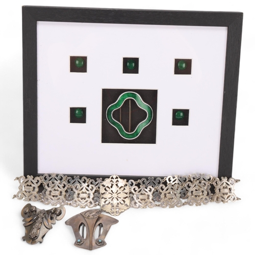 390 - A group of Art Nouveau/Deco buckles and belt, 1 green enamelled buckle and buttons in box frame, fra... 