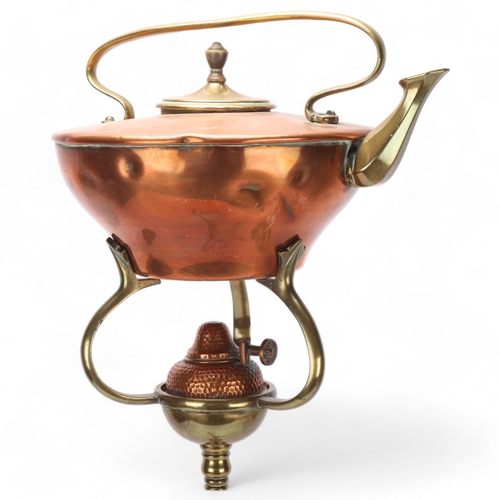 392 - W A S BENSON - Arts and Crafts copper and brass tea kettle, on floor stand, overall height 84cm