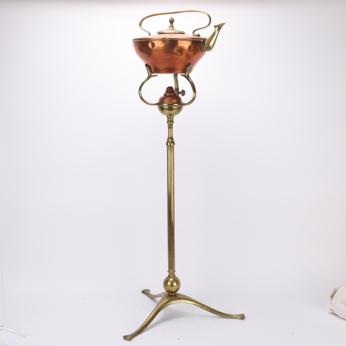 392 - W A S BENSON - Arts and Crafts copper and brass tea kettle, on floor stand, overall height 84cm