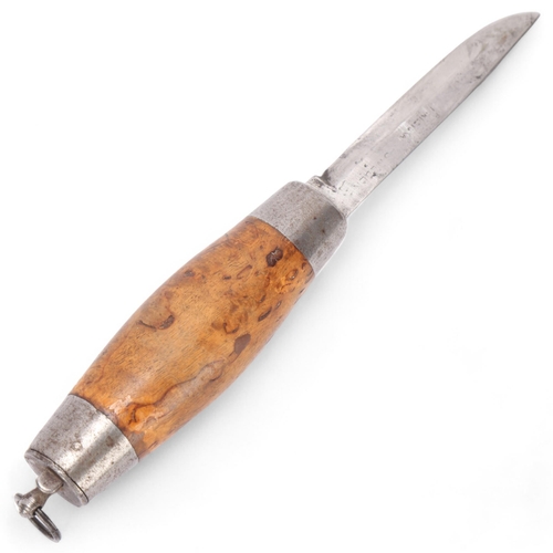 415 - A Swedish barrel knife by P Holmberg, Eskilstuna, with burr wood handle, makers marks to brass sleev... 