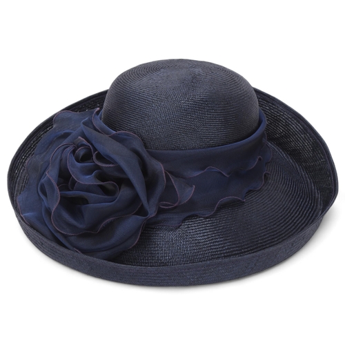 434 - A Herald and Heart, London ladies navy blue wide brim hat, 100% straw & silk, retailed by Harrods, L... 