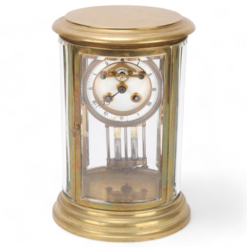 530 - A 19th century brass-cased oval 4-glass regulator clock, with curved bevel-glass panels and enamel d... 