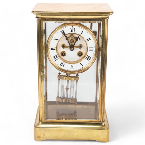 531 - A brass-cased 4-glass regulator clock with enamel dial, case height 30cm, with key and pendulum