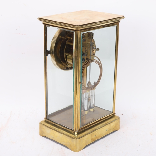 531 - A brass-cased 4-glass regulator clock with enamel dial, case height 30cm, with key and pendulum