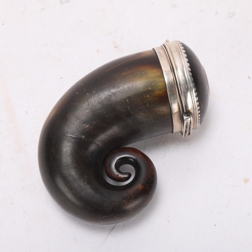 551 - A Scottish horn snuff mull with unmarked silver mounts, inscribed 