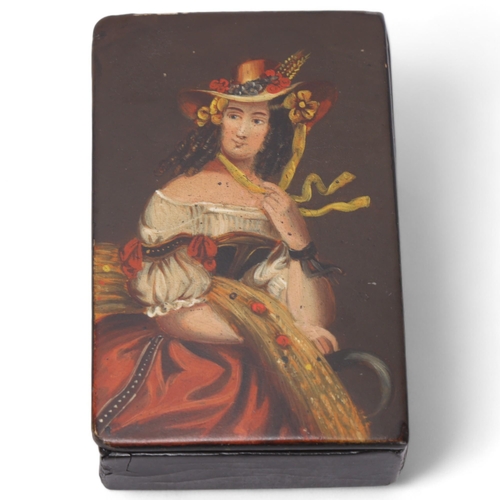 554 - A 19th century hand painted French snuffbox with lacquered body, 8.5cm x 5.5cm