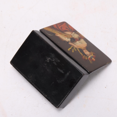 554 - A 19th century hand painted French snuffbox with lacquered body, 8.5cm x 5.5cm