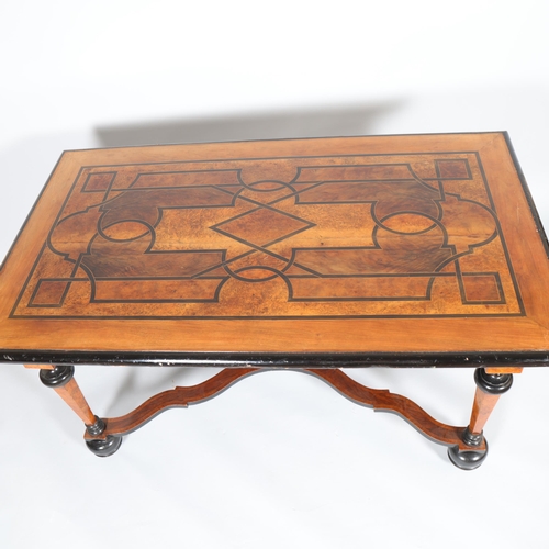 312 - A 19th century Continental centre-standing library table, specimen wood inlaid top with tapered hexa... 