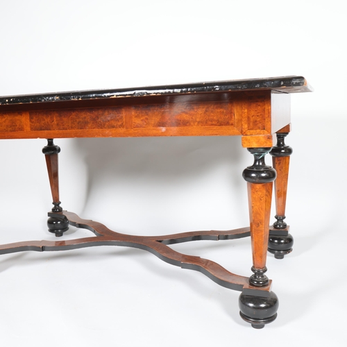 312 - A 19th century Continental centre-standing library table, specimen wood inlaid top with tapered hexa... 