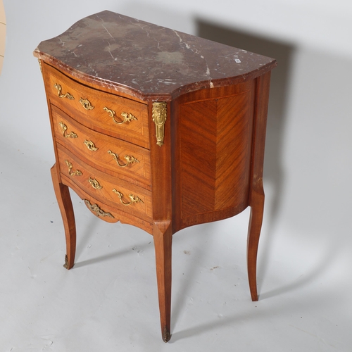 316 - A French inlaid 3 drawer kingwood commode, with rococo ormolu mounts, handles and marble top, height... 