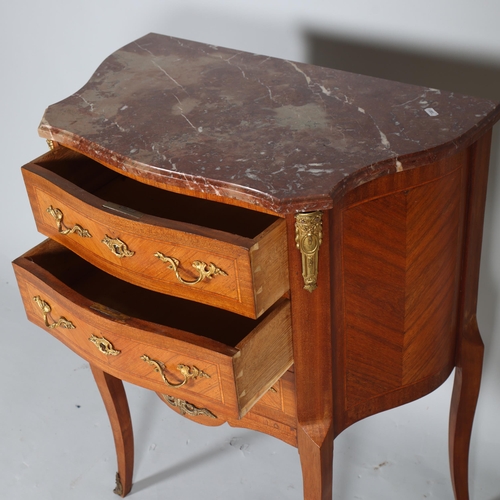 316 - A French inlaid 3 drawer kingwood commode, with rococo ormolu mounts, handles and marble top, height... 