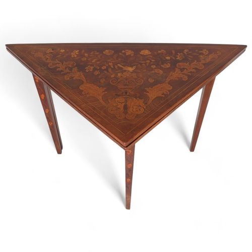 367 - An 18th century Dutch marquetry triangular fold over table, width 115cm