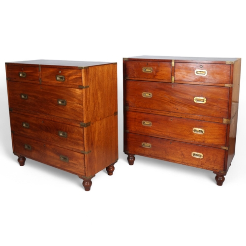 368 - A near pair of Victorian military/campaign chests, both 2 section brass bound mahogany with recessed... 