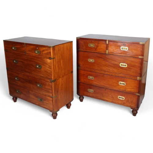 368 - A near pair of Victorian military/campaign chests, both 2 section brass bound mahogany with recessed... 