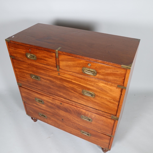 368 - A near pair of Victorian military/campaign chests, both 2 section brass bound mahogany with recessed... 