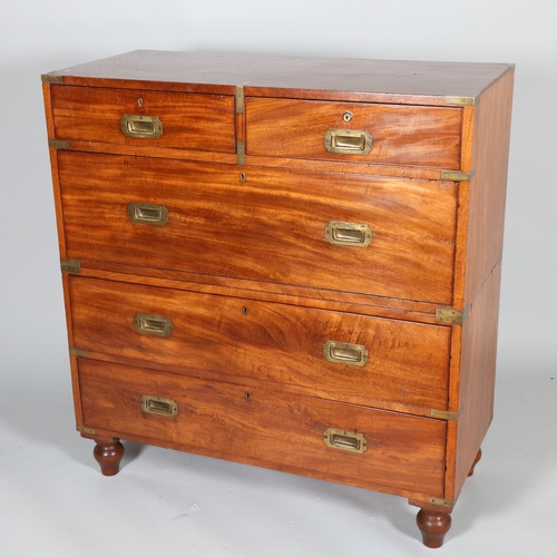 368 - A near pair of Victorian military/campaign chests, both 2 section brass bound mahogany with recessed... 