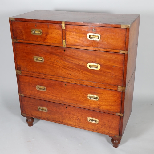 368 - A near pair of Victorian military/campaign chests, both 2 section brass bound mahogany with recessed... 