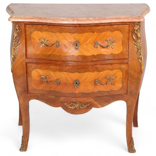 373 - A French kingwood veneered and satinwood strung commode chest of two drawers, with ormulu rococo mou... 