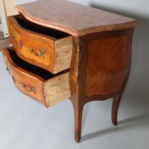 373 - A French kingwood veneered and satinwood strung commode chest of two drawers, with ormulu rococo mou... 