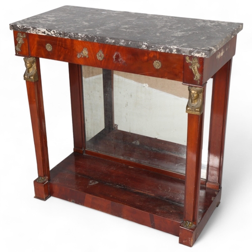 376 - A French Empire mahogany console table, with marble top, bronze mounted Classical figure pilasters a... 