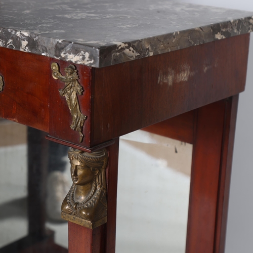 376 - A French Empire mahogany console table, with marble top, bronze mounted Classical figure pilasters a... 