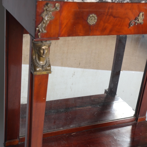 376 - A French Empire mahogany console table, with marble top, bronze mounted Classical figure pilasters a... 