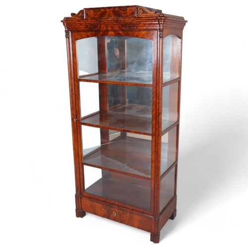 377 - A 19th century flame mahogany glazed display cabinet, with 3 shelves and drawer under, glazed to thr... 