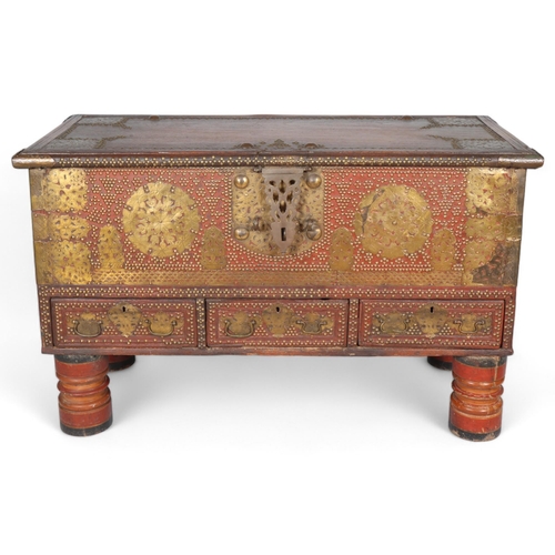 379 - A large 18th century hardwood Zanzibar chest, with bronze carrying handles, applied pierced and engr... 