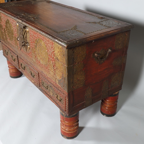 379 - A large 18th century hardwood Zanzibar chest, with bronze carrying handles, applied pierced and engr... 