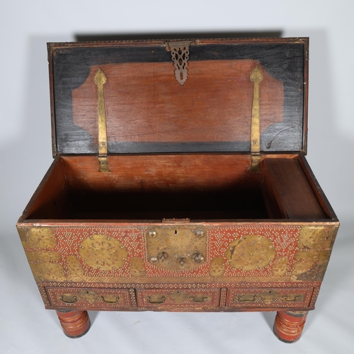 379 - A large 18th century hardwood Zanzibar chest, with bronze carrying handles, applied pierced and engr... 